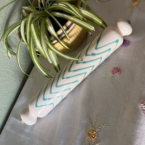 Discontinued Anthropologie Ceramic Rolling Pin Aqua Chevron White 13” Water Fill